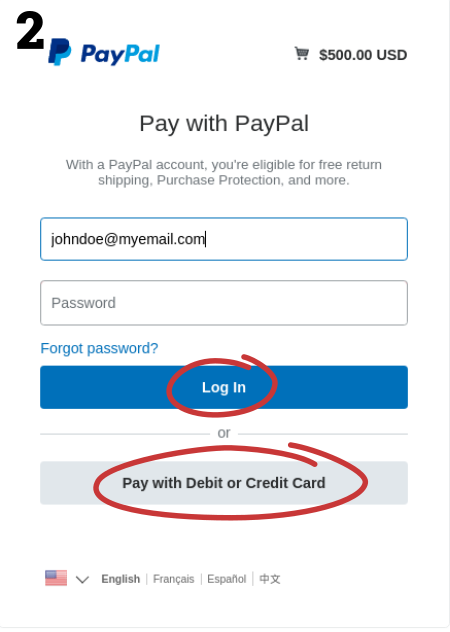 Screenshot of PayPal showing where to login or pay with card